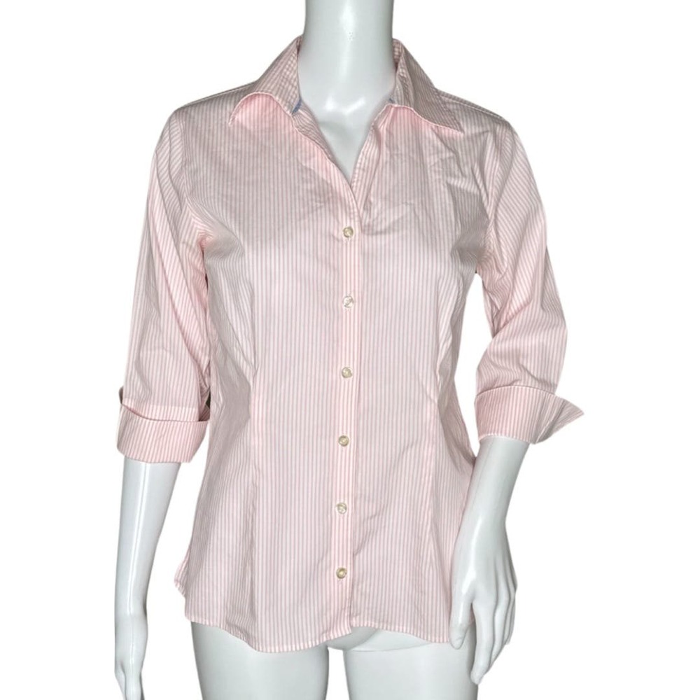 Lands End Shirt Womens 4 Petite Pink White Stripe Button Up Preppy Nautical